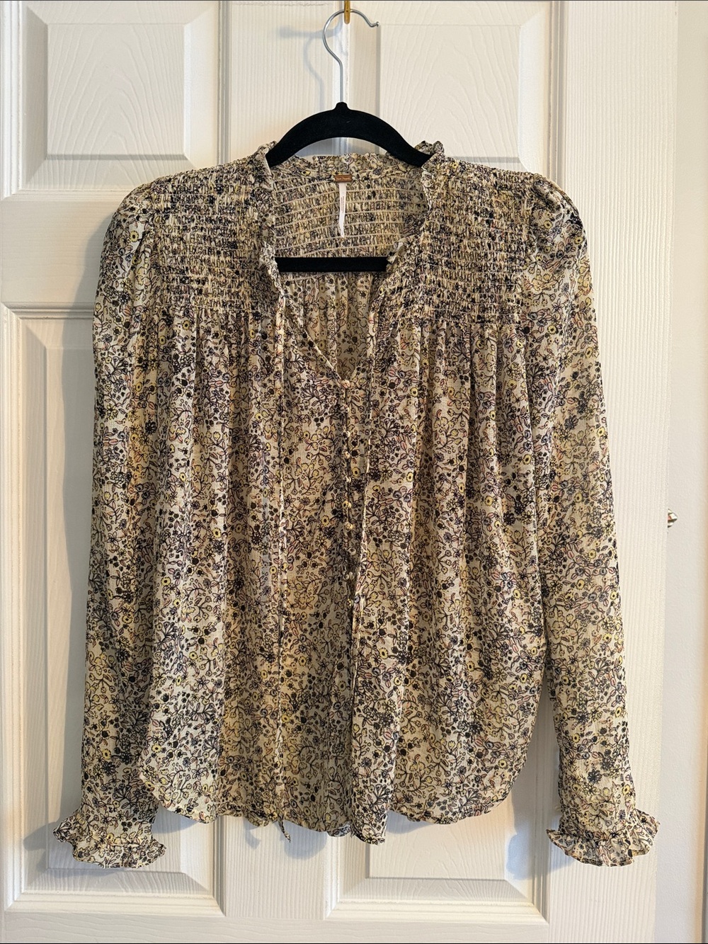 Free People Cream and Yellow Floral Smocked Yoke Blouse